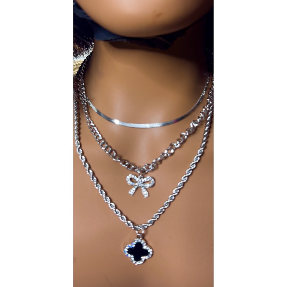 Black Clover Rhinestone Bow Necklace Silver Layered Lucky Charm Mothers Day Gift